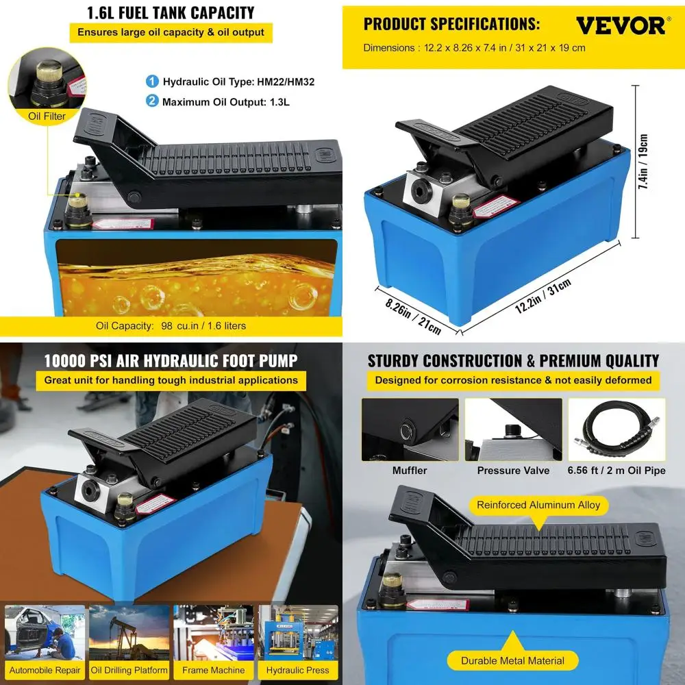 

Пневматический гидравлический насос на 10 000 фунтов на кв. дюйм с резервуаром на 1/2 галлона, выходным патрубком 3/8 NPT и шлангом длиной 6,56 фута для одностороннего действия или ремонта автомобилей