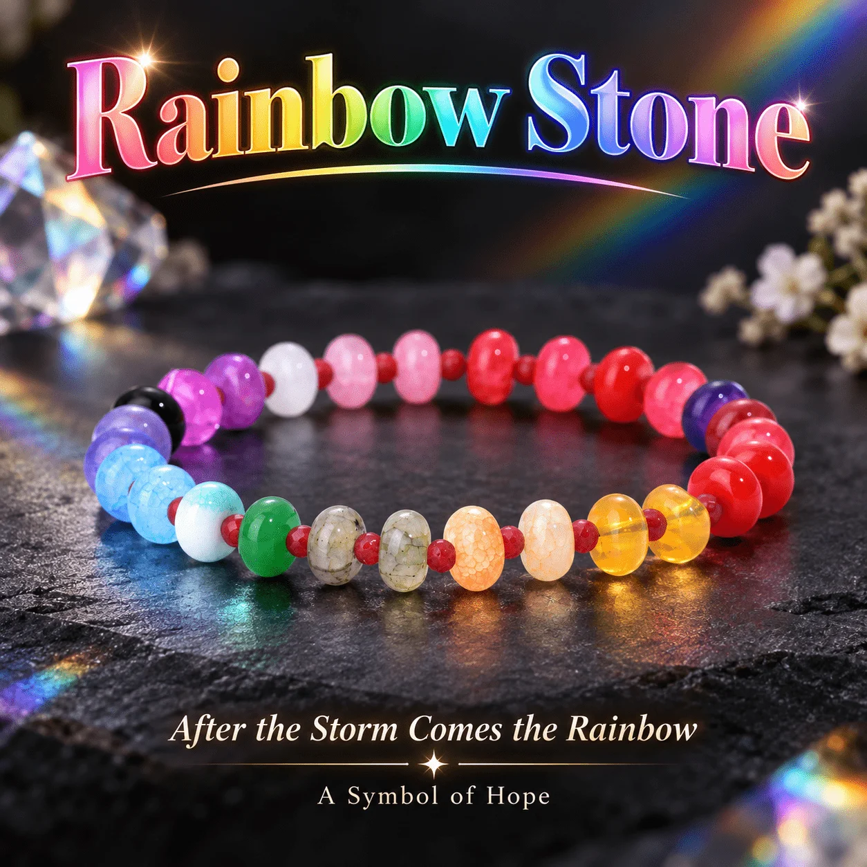 Handmade Natural rainbow Stone Elastic Bead Bracelet for Both Men and Women, with colorful Bead Design Symbolizing Hope and Luck
