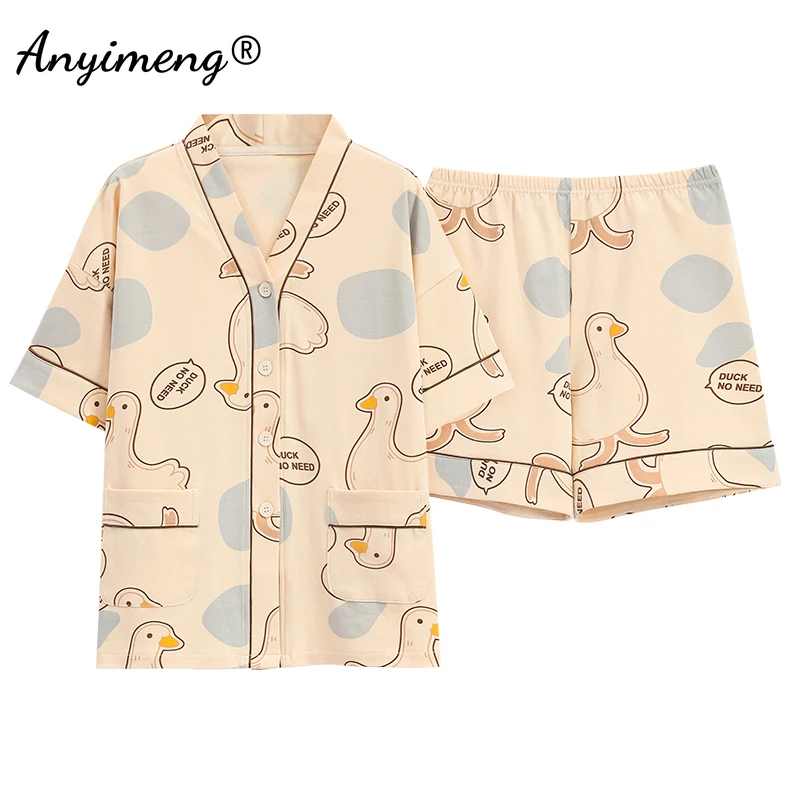 Summer Women Cotton Pajamas Set Kimono V-neck Casual Sleepwear Leisure Loungewear Cute Cartoon Girls Pijama Plus Size Homewear