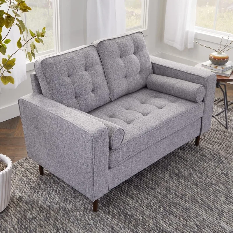 Mid-Century Modern Upholstered Loveseat,Buttonless Tufting,Includes 2 Bolster Pillows,for Living Room or Bedroom,Light Gray