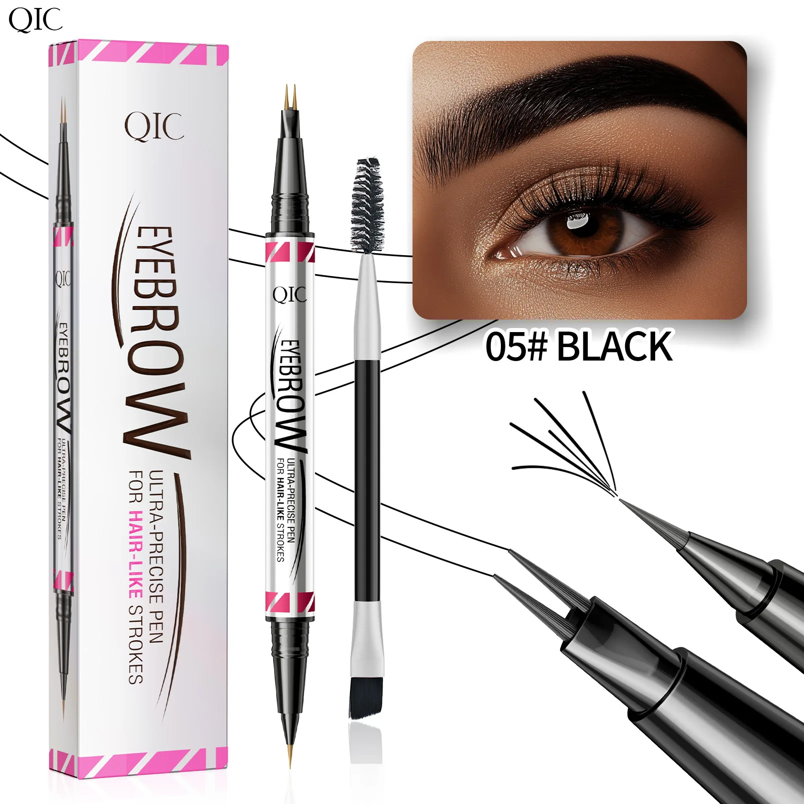 QIC Double Head 2 Pronged Eyebrow Pencil ultra precise 2-in-1 Eyebrow Pencil Eyeliner Liquid Eyebrow Pen Longlasting Makeups