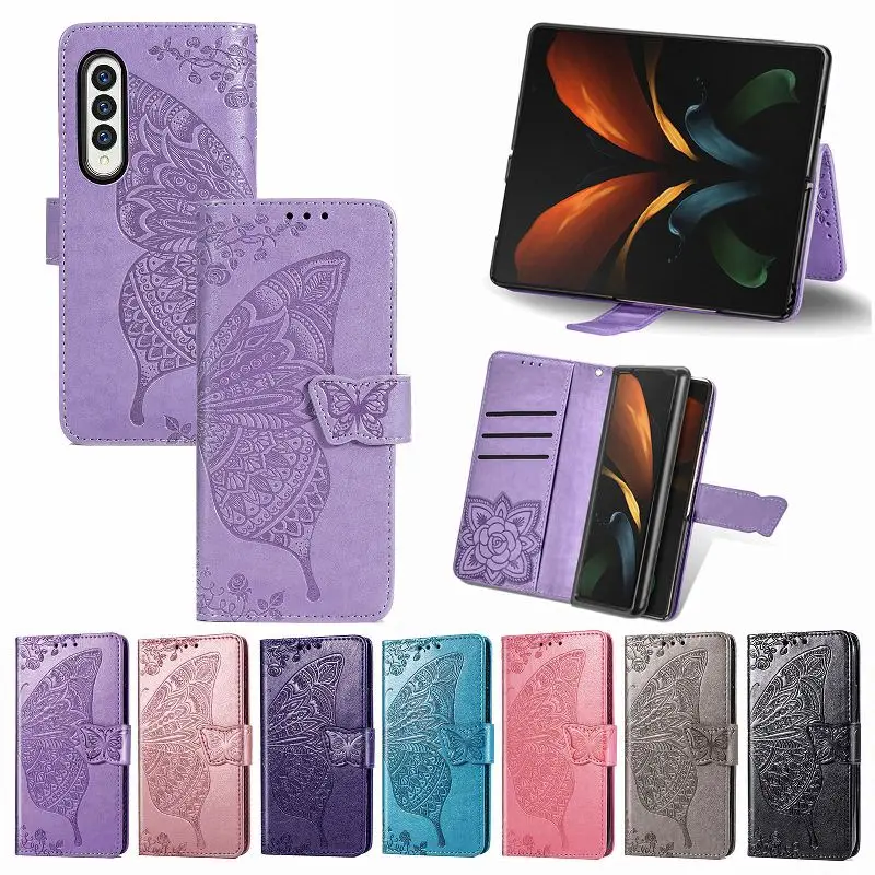 

Solid Color Leather Card Wallet Embossing Butterfly Phone Case For Samsung Galaxy Z Fold 4 3 2 Protection Magnetic Flip Cover