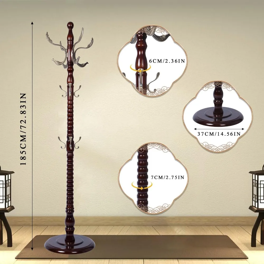 Garderobenständer, freistehend, Holzbaum-Garderobenständer mit 2 verstellbaren Größen, Garderobenbaum und 14 Haken, stabiler Flurbaum mit massivem