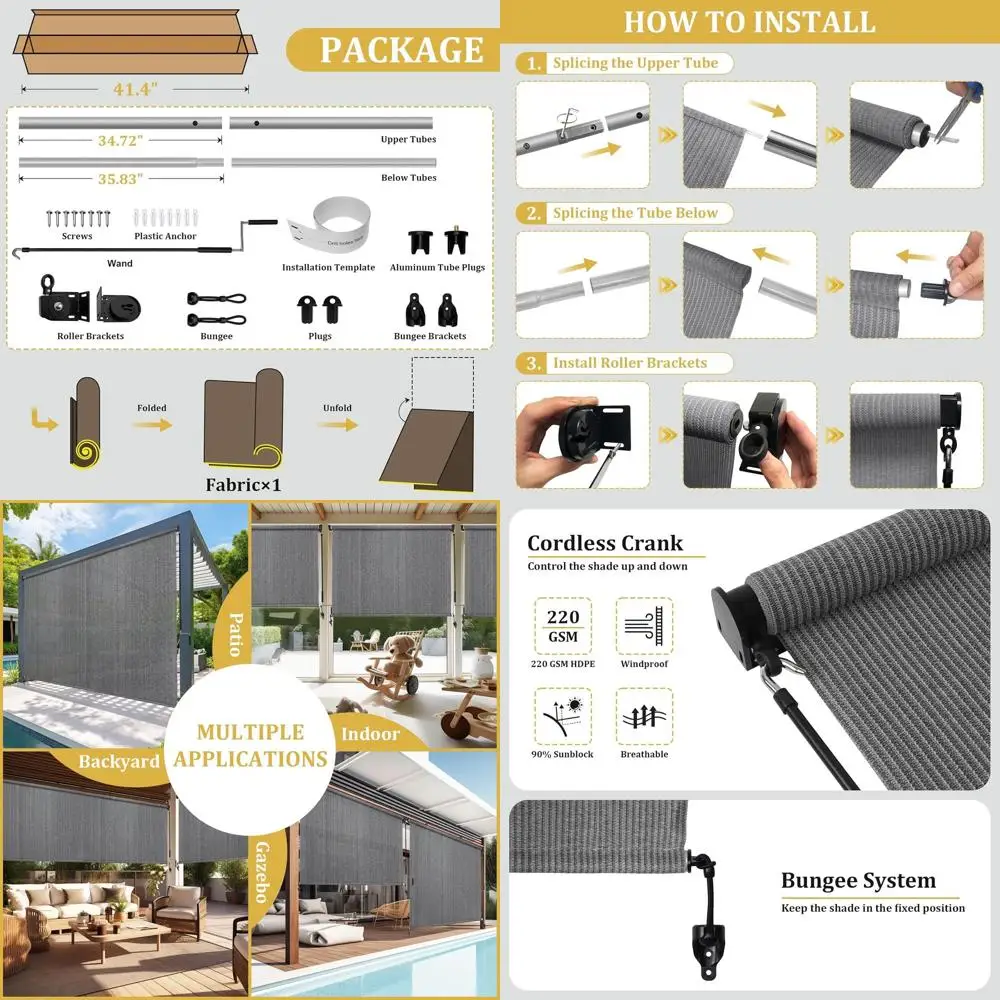 

Серые беспроводные рулонные шторы для улицы шириной 6 футов и высотой 8 футов для патио, балкона и беседки