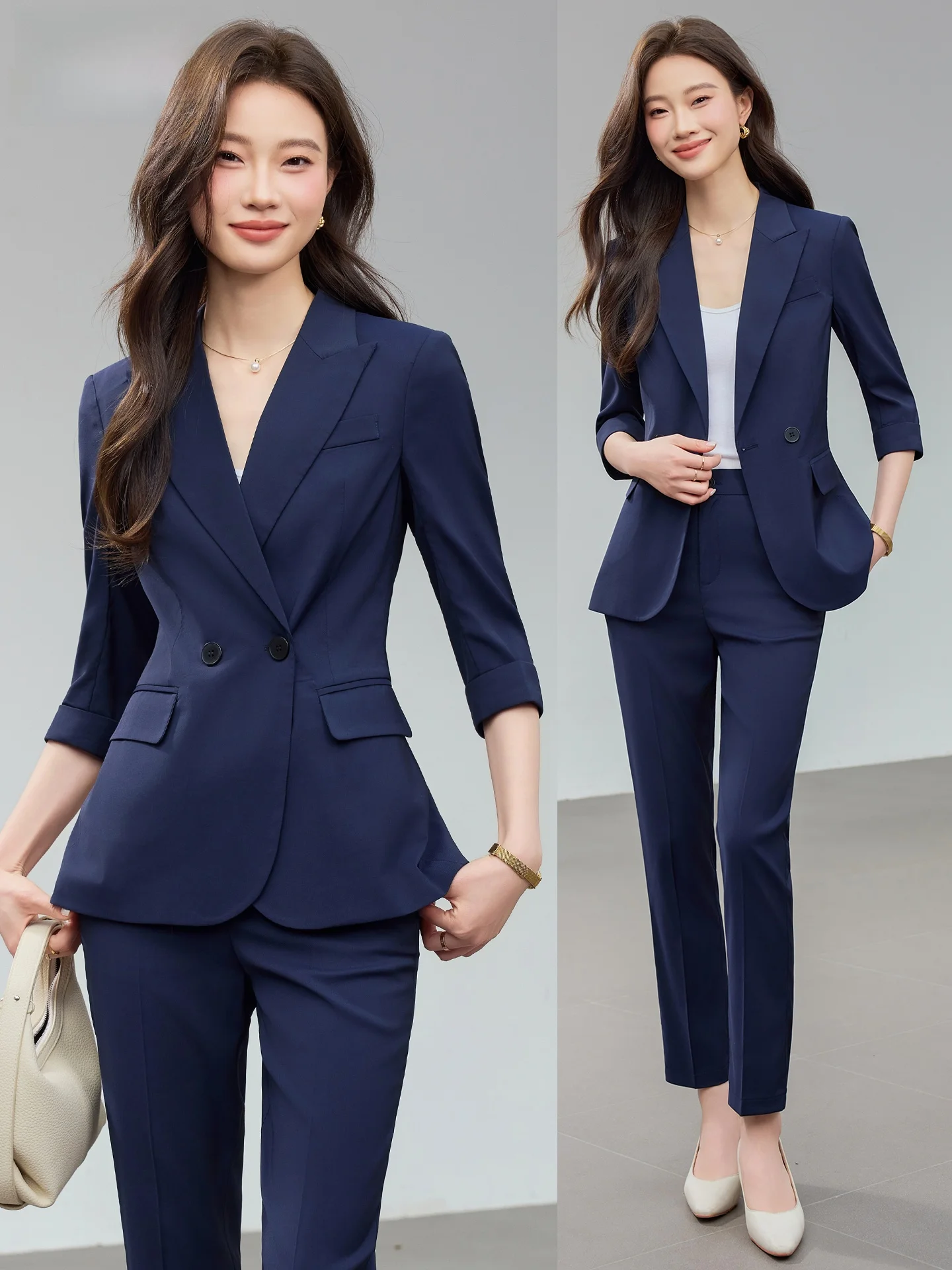 Women's Summer Thin Seven-Quarter Sleeve Suit Set Commute Work Interview Light Workwear Polyester Fiber round Hem Double Button