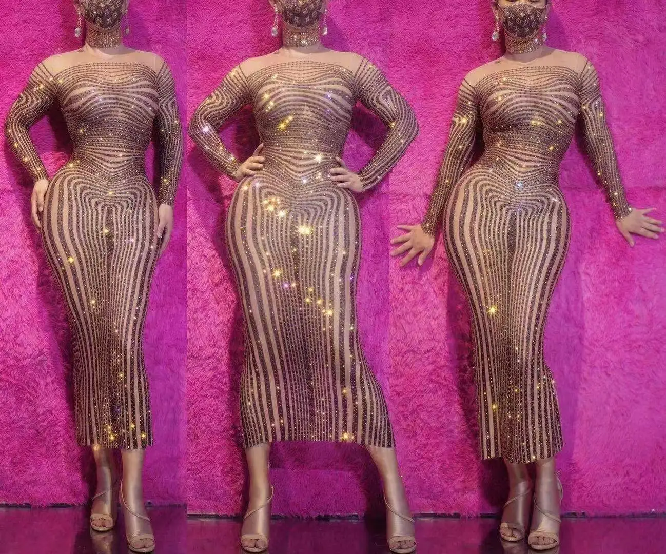 

Women Bodycon Crystal Prom party club Dresses Rhinestones long Evening Dress Evening Stage Show SingerOutfit