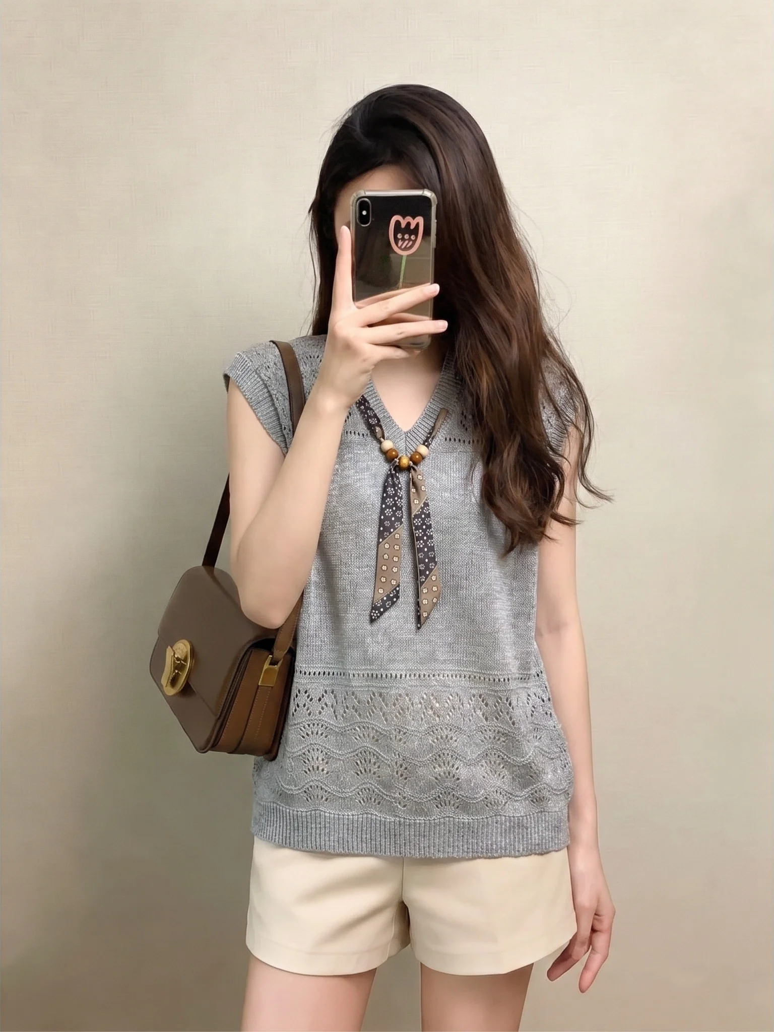 Orange Pumpkin Hollow out V-Neck Women's Tank Top Summer New Style Large Size Fat MM Scarf Top Commute Style Loose Fit