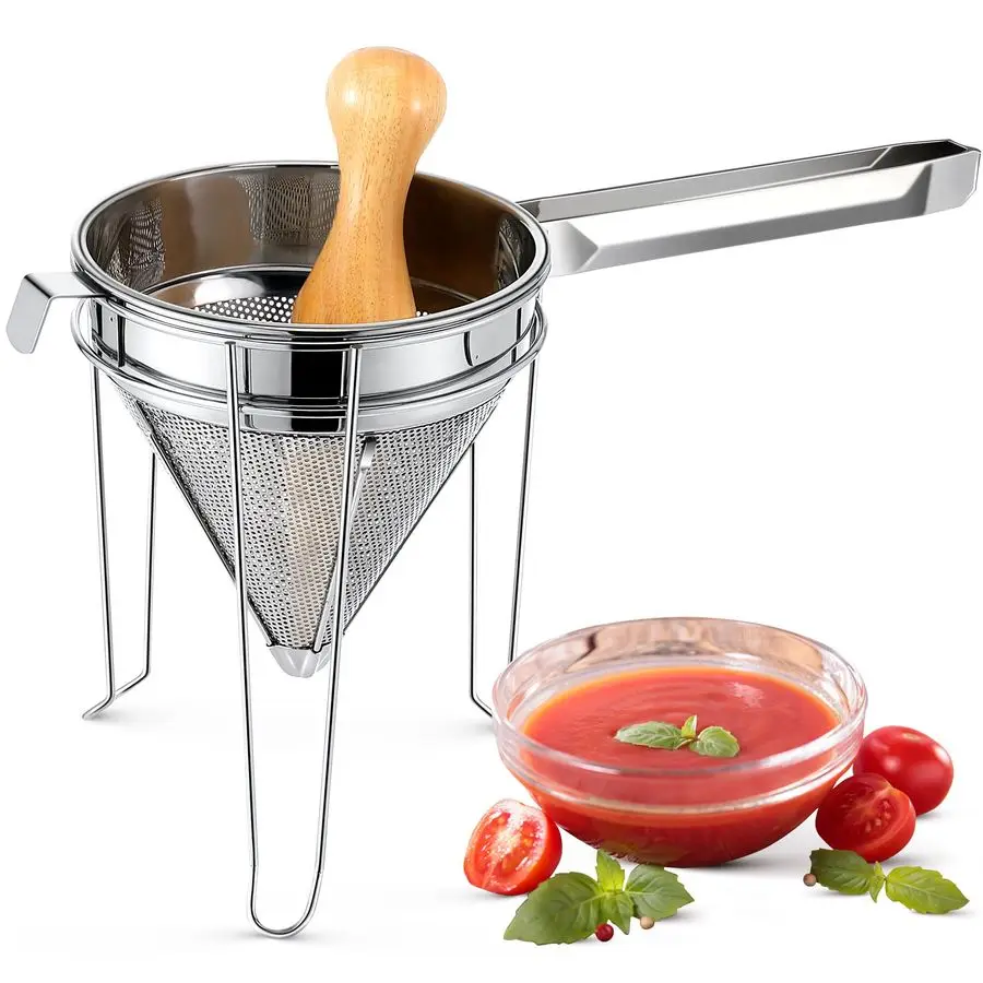 

Stainless Steel Chinois Strainer with Stand and Wooden Pestle Set, China Cap Strainer for Tomato, Berry, Fruit, Egg, Soup and Ot