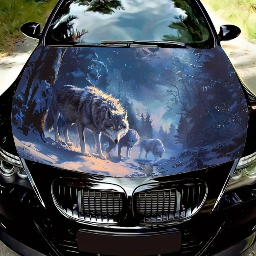 

Mysterious Forest and Three Wolves Car Engine Hood Sticker, Self Adhesive Waterproof and Scratch Resistant Car Vinyl Wraps Decal