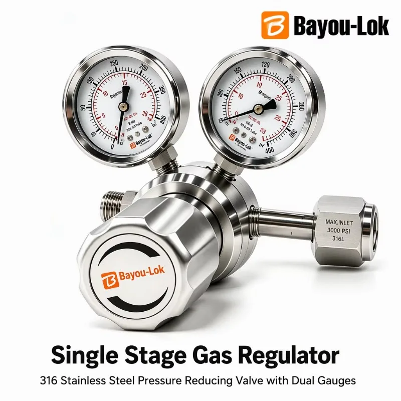 Single Stage SS316L High Pressure Gas Regulator Dual Gauges 4500 PSI Inlet Nitrogen Helium LPG Laboratory Use