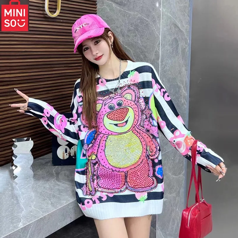 

MINISO autumn and winter dazzling hot diamond pink bear loose fitting pullover round neck loose sweater top