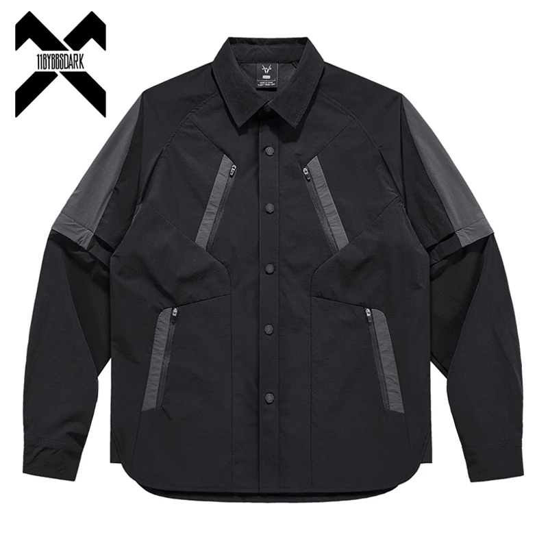 Men Long Sleeve Tactical Shirts 2025 Autumn Patchwork Functional Shirt Coat Loose Harajuku Tops Black Techwear