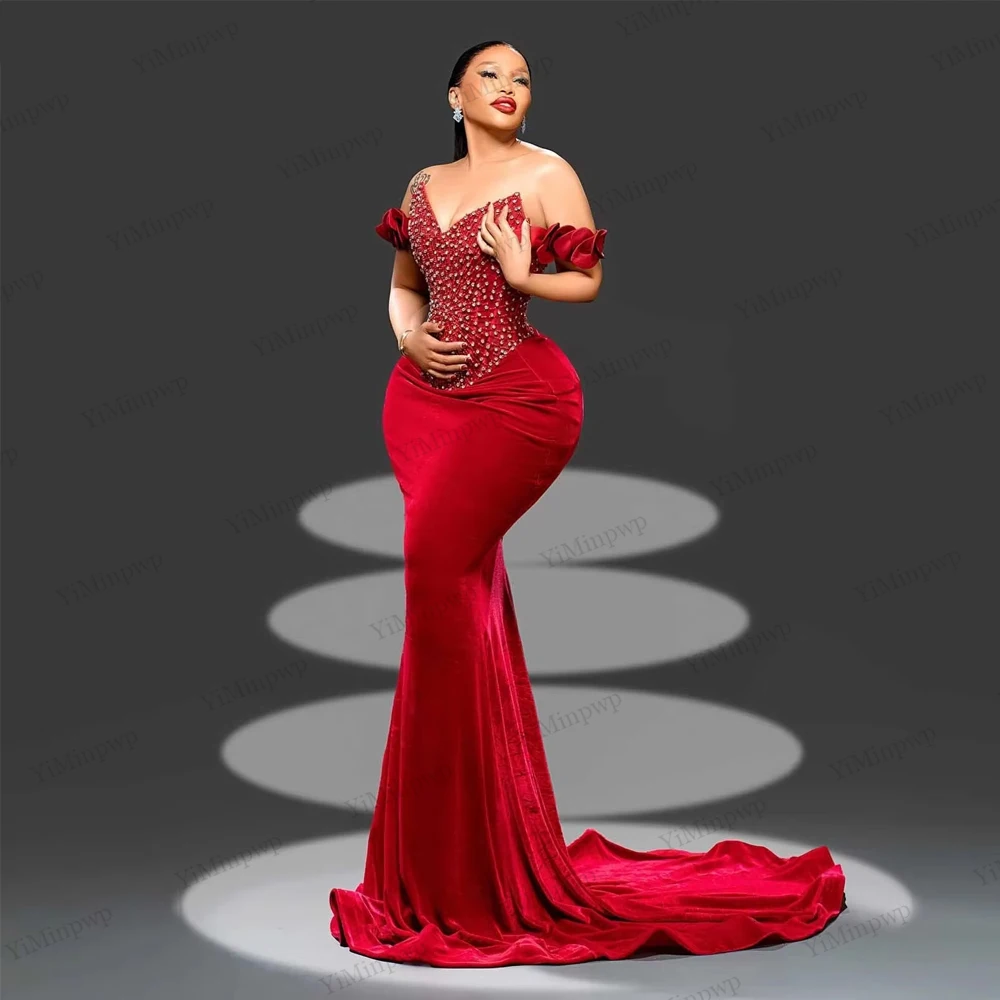 Elegancka, aksamitna, czerwona suknia wieczorowa z koralikami, zdobiona cyrkoniami, afrykańska suknia na przyjęcie weselne Aso Ebi, damska suknia syrenka na urodziny, szyta na miarę.