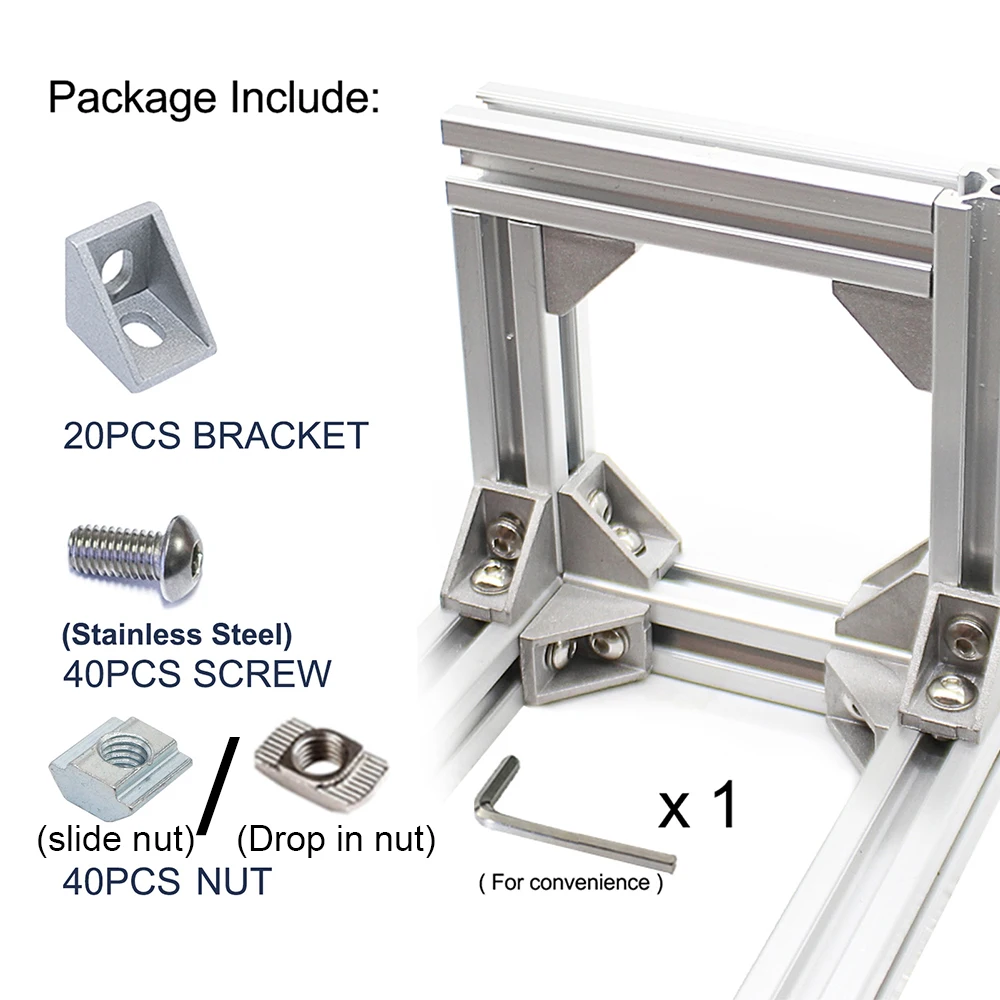 20 Sets 2020 Aluminum Extrusion Profile Corner Bracket 20 Series Right Angle L Connector wtih Nut for 20/20 Rail Perfil Extruded