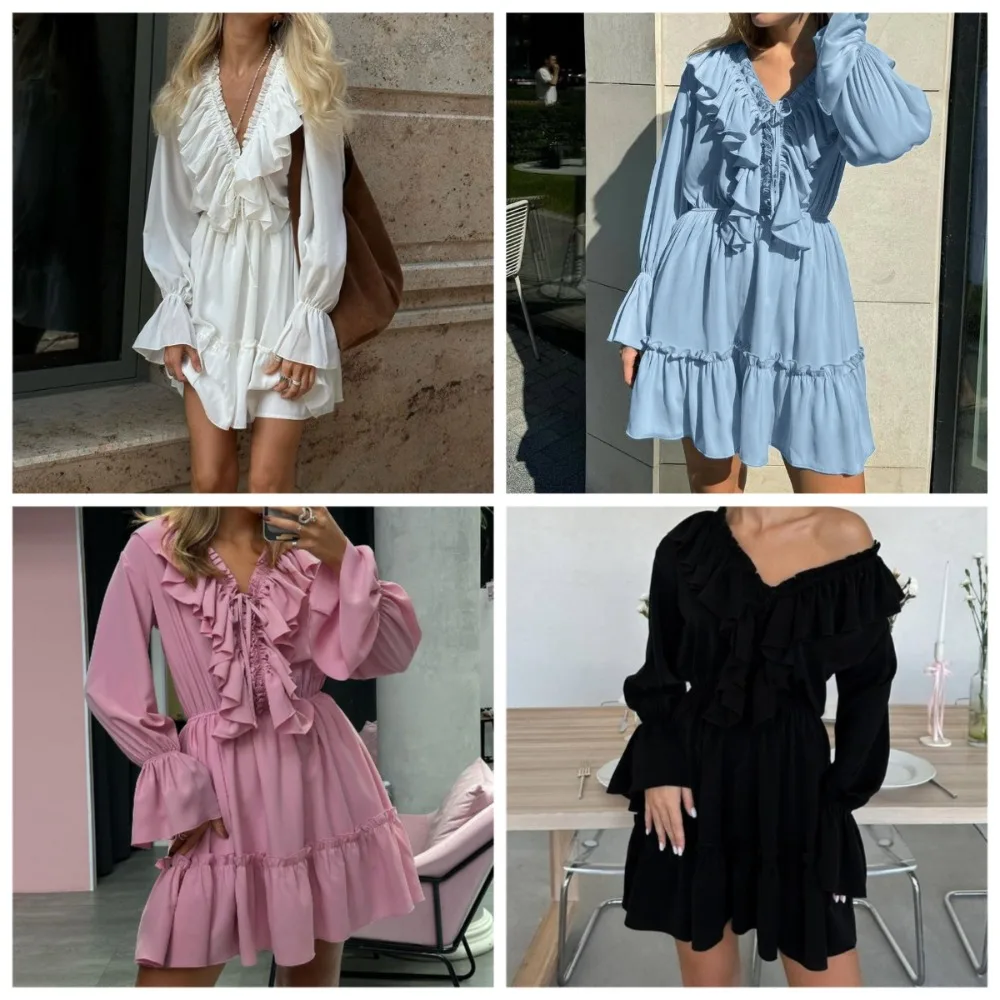 

Fashion V-Neck Design Fluffy Dress Spring and Summer Women's Elastic Waistband Ruffled Edge Pleated Flared Sleeve Casual Dress