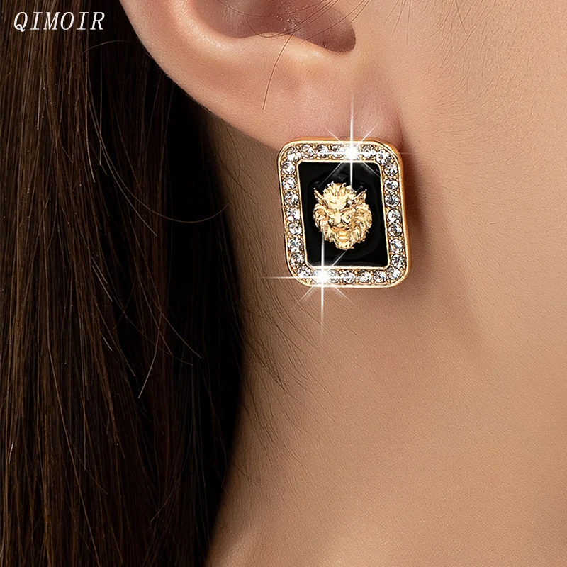 Metal Lion's Head Black Enamel Post Earrings For Women Classic Designer Styles Elegant Party Accessories Fashion Jewelry C1510