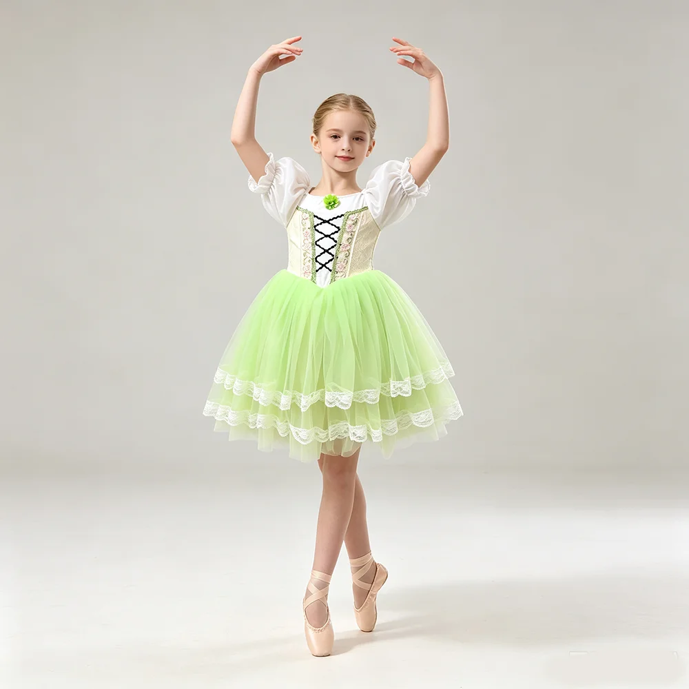 Grünes Ballett-Tutu-Kleid für Mädchen, weißes Puffärmel-Prinzessinnenkostüm, Kinder-Tanzoutfit mit Spitze und Blumenmuster für Bühnenauftritte.