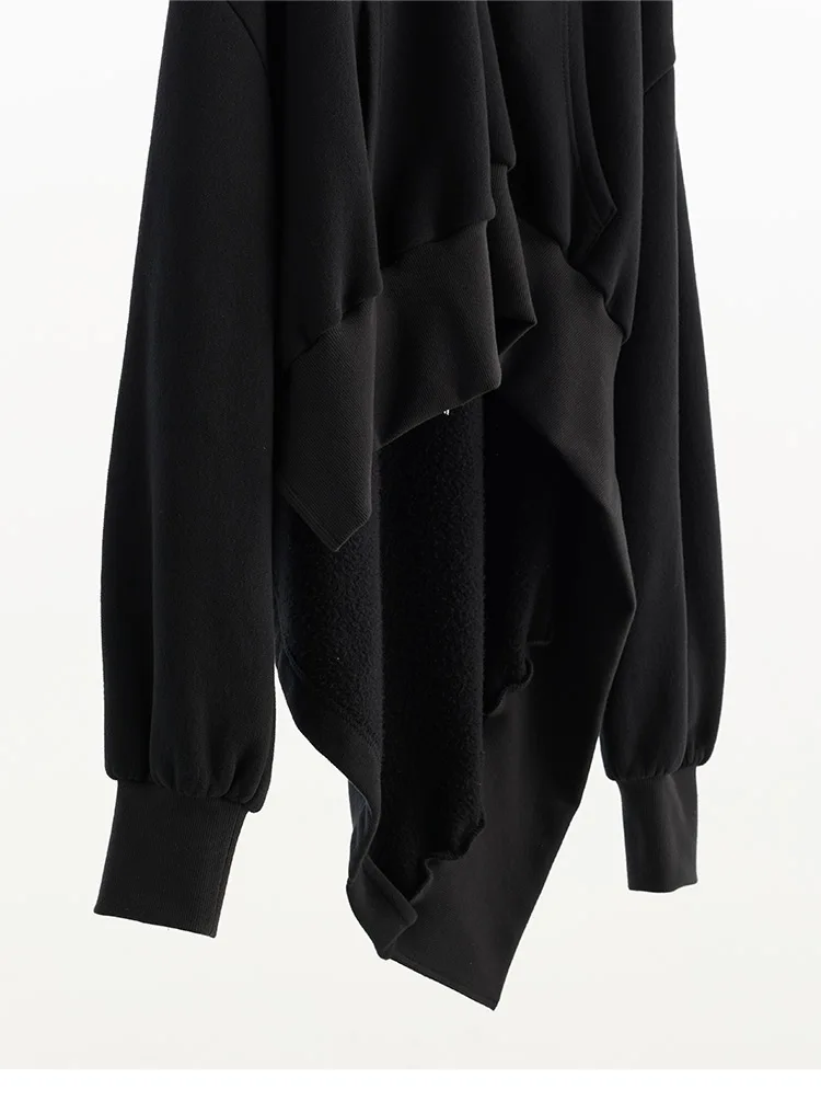 Irregular Sweatshirt~ Black Hooded Sweatshirt Women's Jacket, All-Cotton, Loose Fit, Casual, Slimming, New Autumn Style