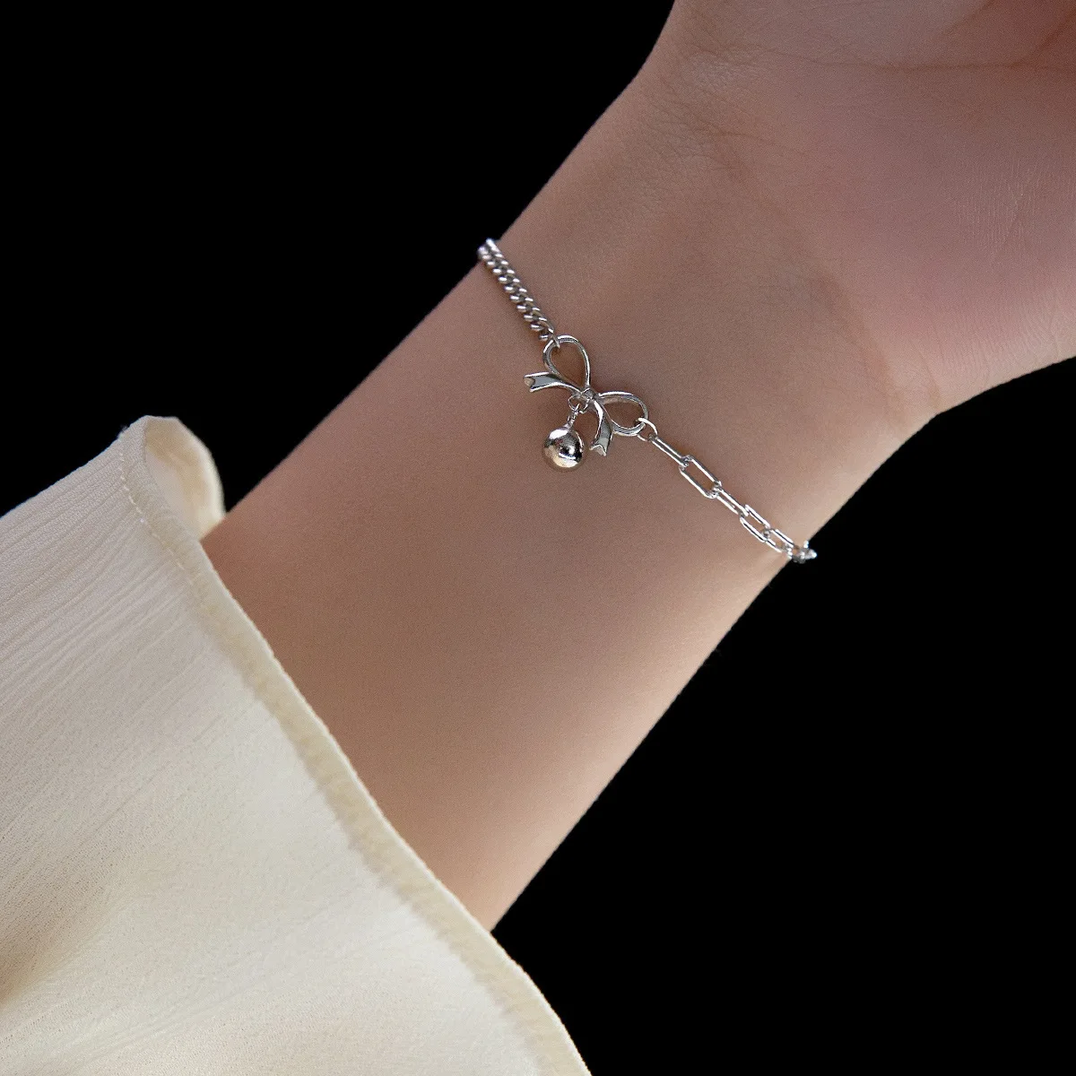 S925 Sterling Silver Bow Knot Bell Bracelet Ins Style Sweet Girl Heart Design Handicraft