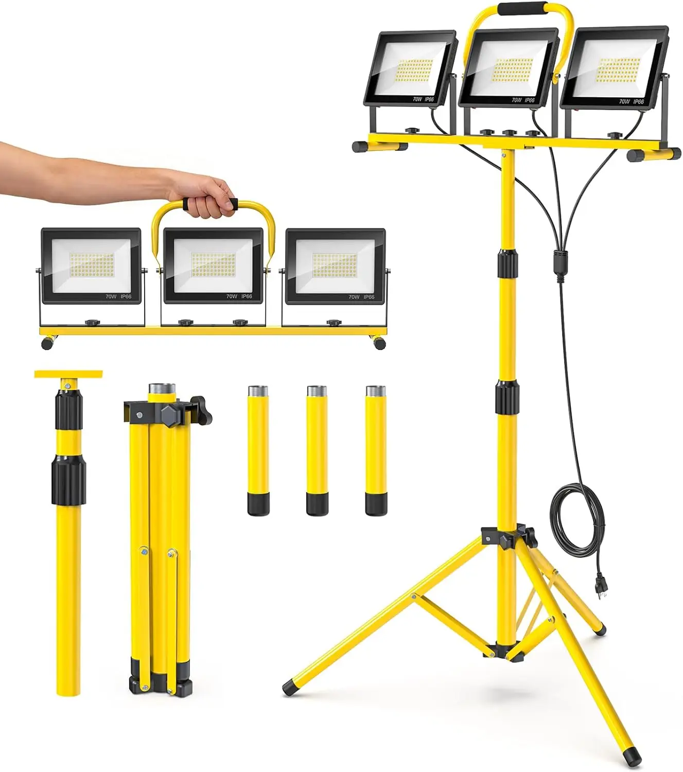 

Трехголовочный регулируемый светодиодный рабочий фонарь со штативом, водонепроницаемый IP66, складной штатив для наружного строительного освещения