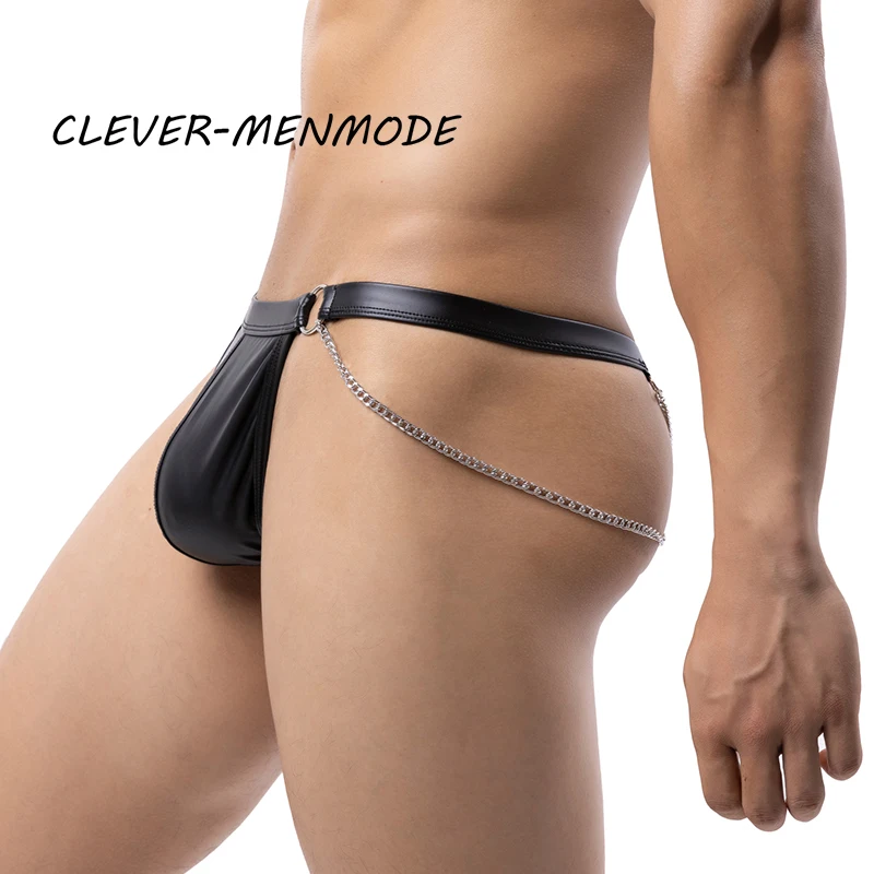 مثير الملاكم الرجال فو الجلود القضيب حقيبة سلسلة طوق بذلة مثلي الجنس سيسي الانتفاخ الحقيبة سراويل بولي براءات الاختراع والجلود السراويل #5