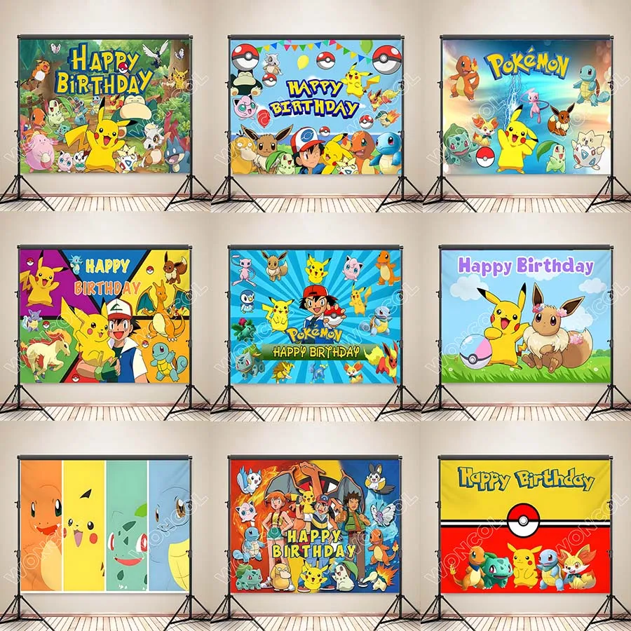 Pokemon Pikachu Backdrop Bulbasaur Charmander Squirtle Background Custom Pokemon Birthday Banner Poster Baby Shower Party Decor