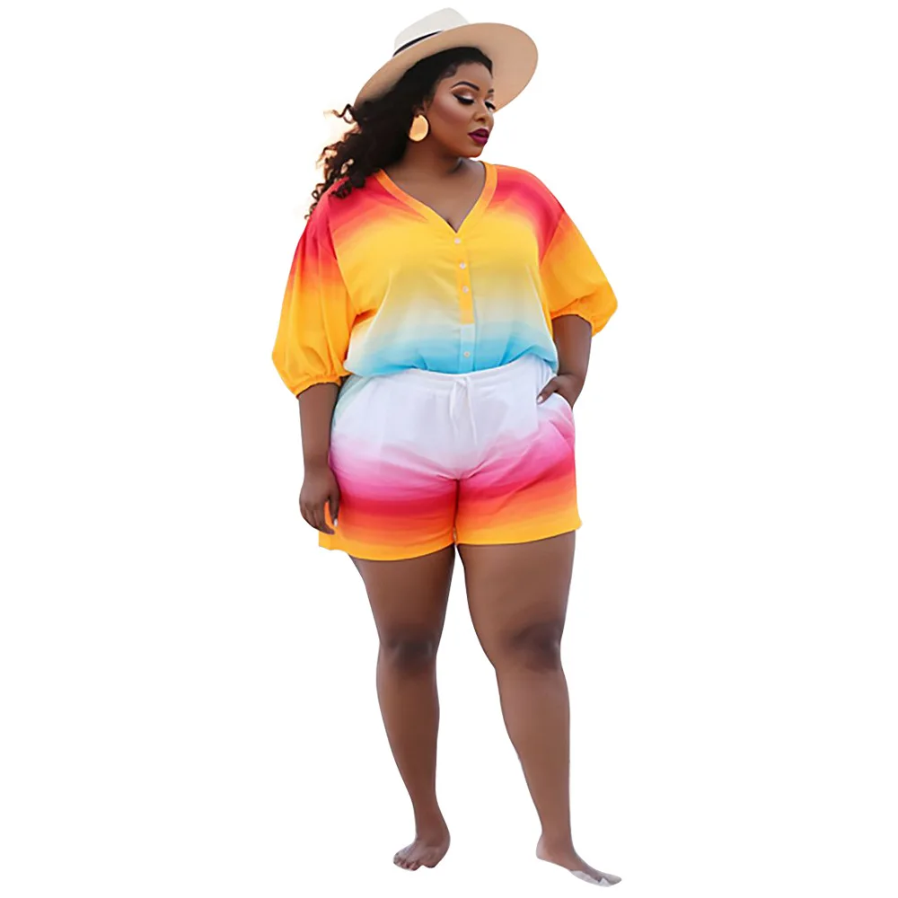 Plus Size Women Suit Summer New Sexy Positioning Printed Summer Beach Fashion Shirt and Shorts Two Pieces Set