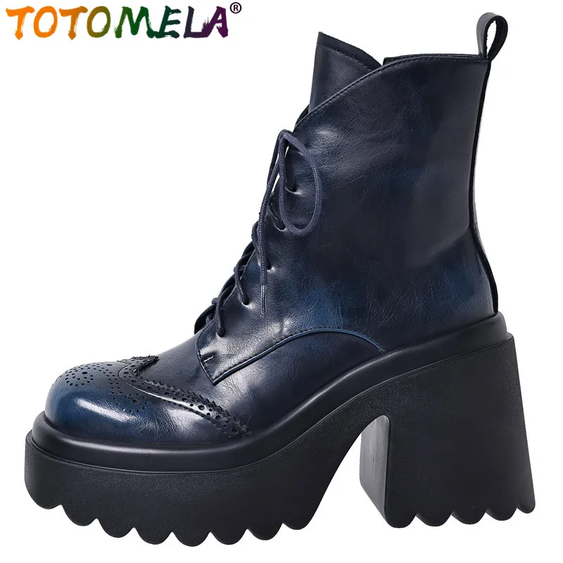 TOTOMELA 2024 New Retro Narrow Band Winter Boots Women Zipper Thick High Heels Shoes Genuine Leather Platform Ankle Boots