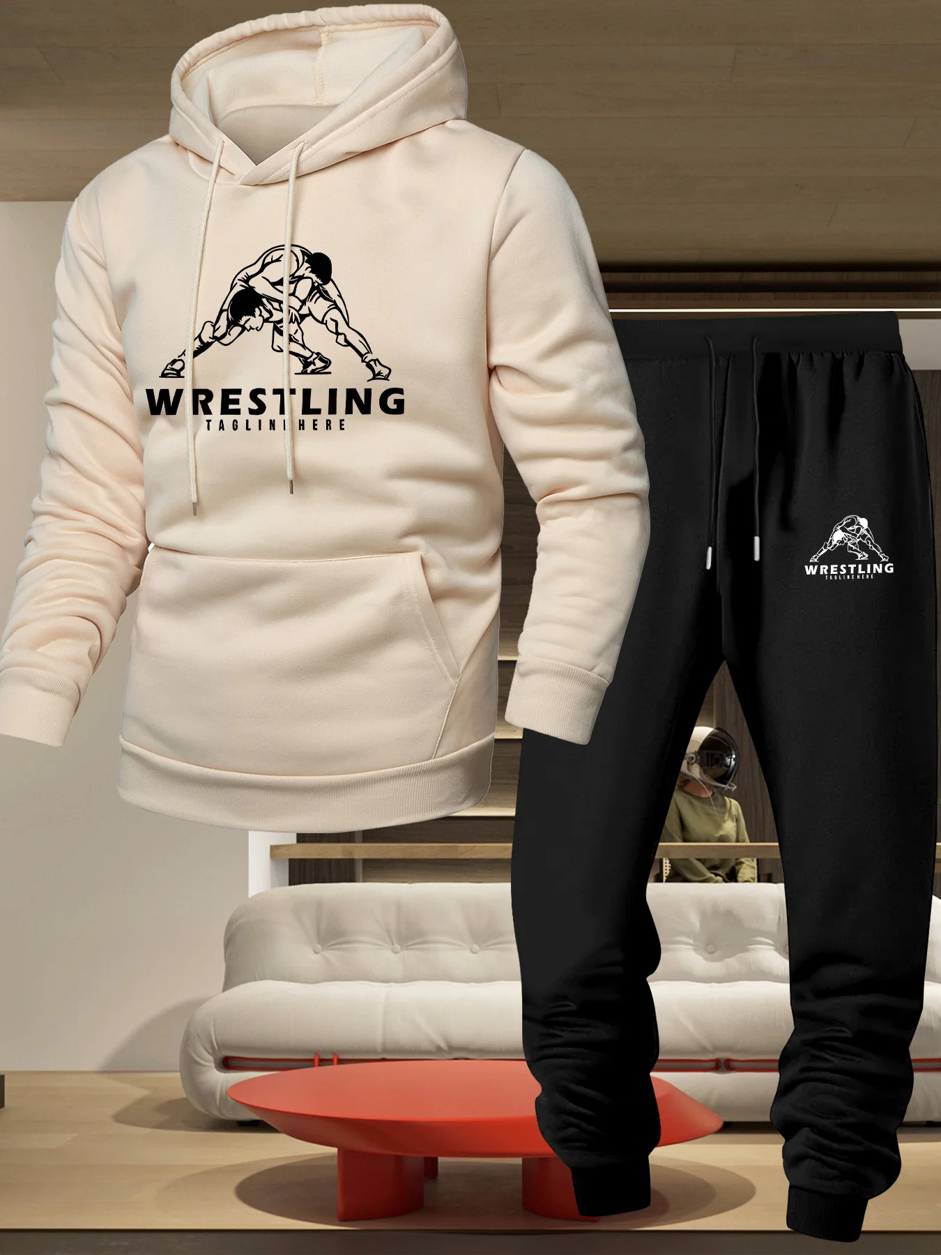 Men's 2‑Pcs Hooded Sweatshirt Set Wrestling Pattern Long Sleeve Hoodie Casual Sportswear Sweatshirt And Pants For Autumn Winter view 2