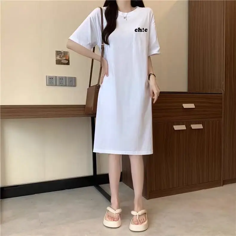 T-shirt ample mi-long avec fentes, jupe d'été coréenne en Fiber de Polyester pour femmes, ronde Ne ort Sve Dr