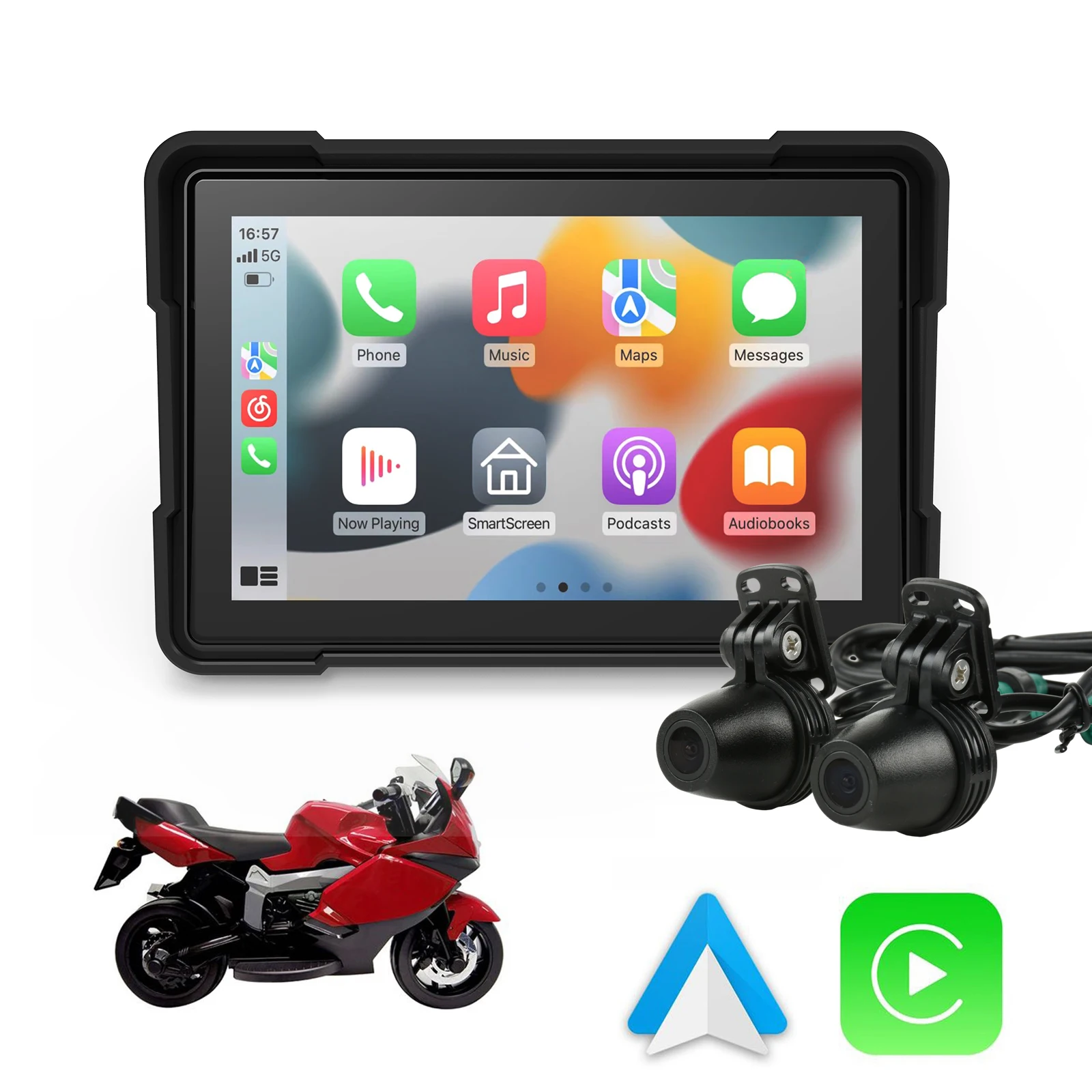 

Motorcycle CarPlay 5 Inch Outdoor 1000nit External Motorcycle Display Screen IP66 Waterproof Wireless CarPlay with Dual Lens