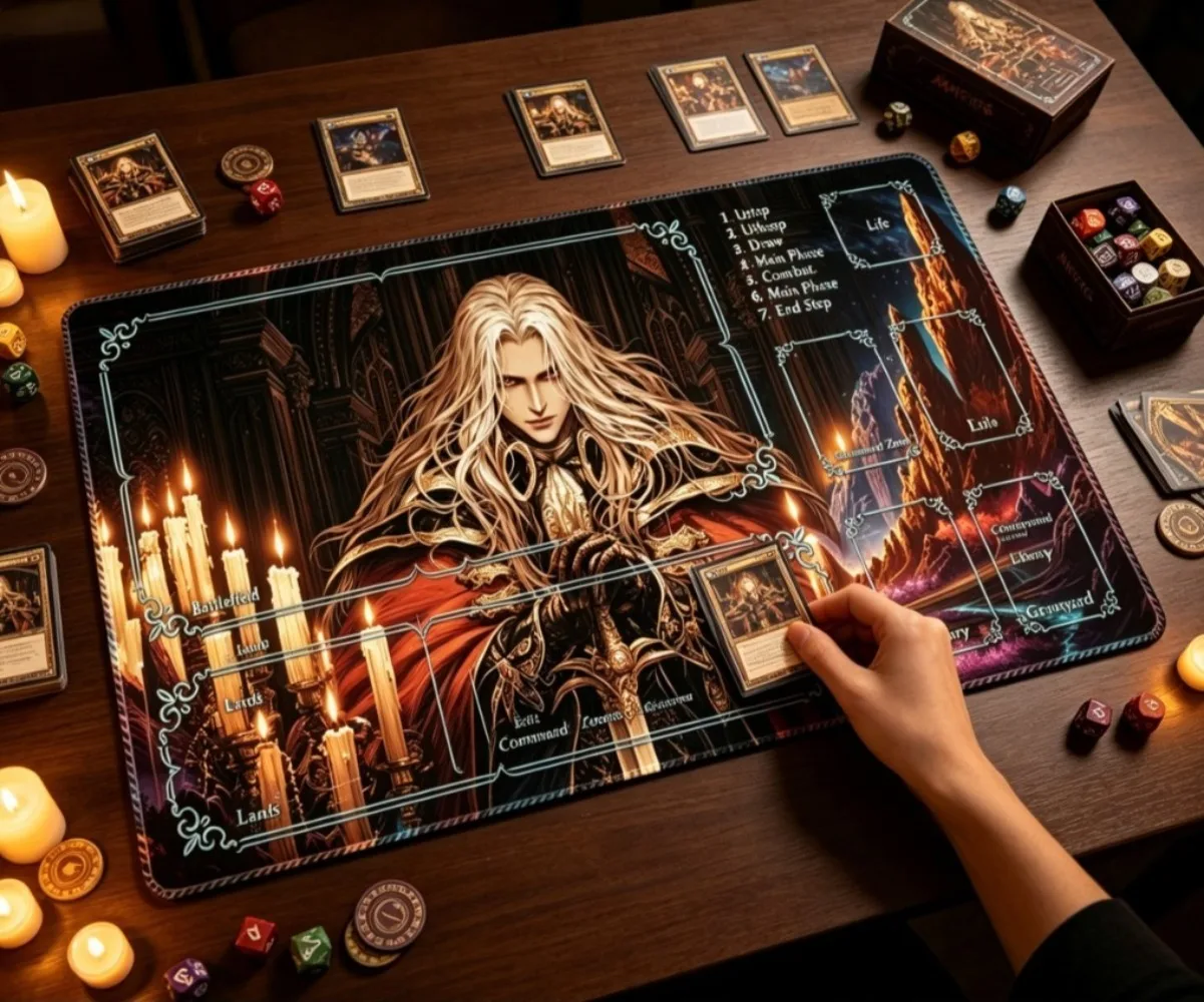 Gothic Vampire Alucard Playmat with Zones Commander Card Game Non-Slip Rubber Battle Game Mat forThe Gathering Stitched Edge