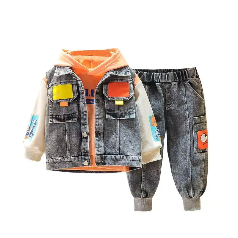 Boys' Autumn Outfit Set 2026 New Stylish Children's Vest Hoodie Spring And Autumn Denim Three Piece Set Trendy
