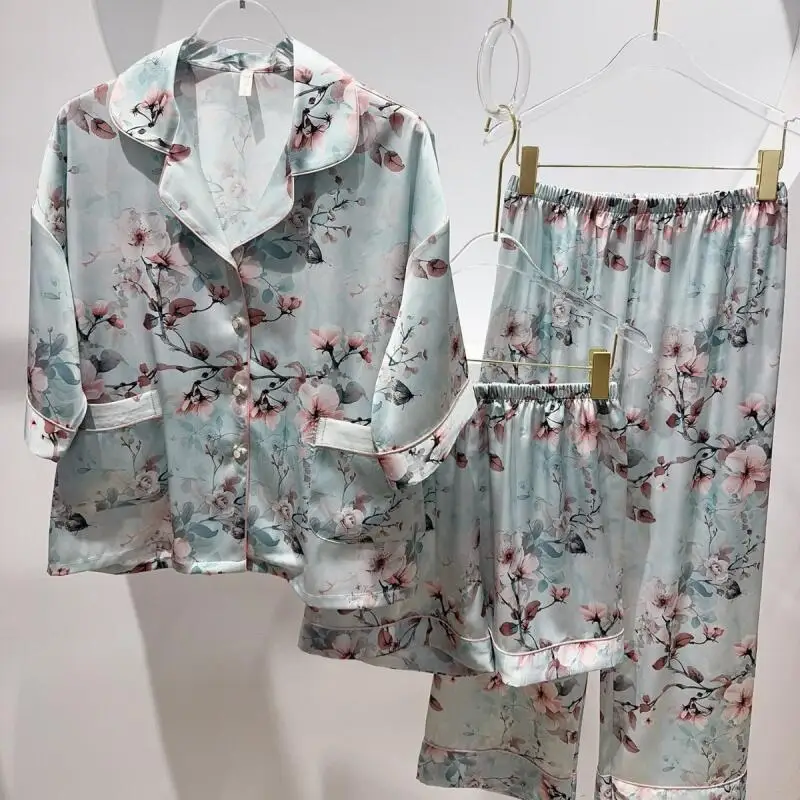 

2026 Ice Silk Pajamas Suit Lady Loungewear Home Clothes Sexy Flower Print Home Clothes Nightwear Lapel Shirt Shorts Pants 3Pcs