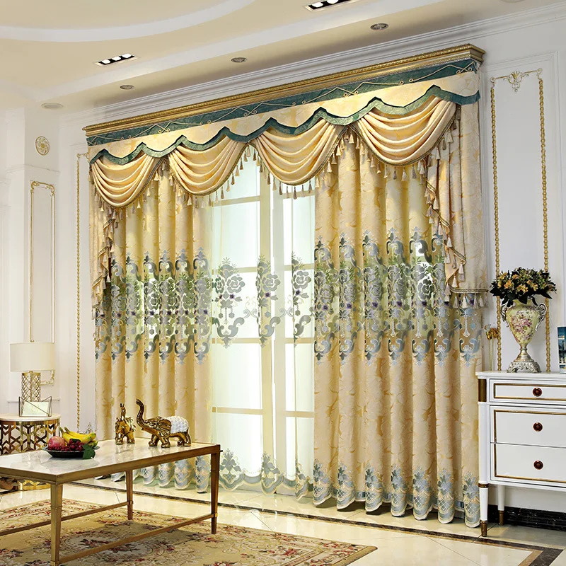 

Custom curtain new modern hollowed out living room luxury embroidered yellow cloth blackout curtain tulle valance drape C1270