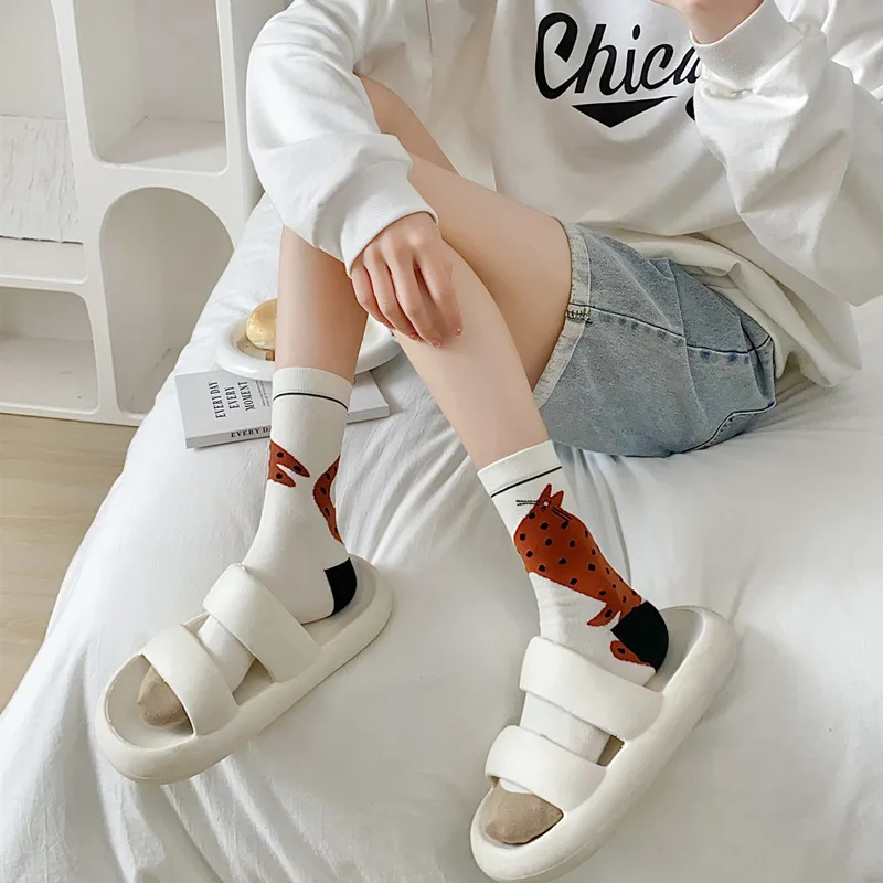 Women Socks Mid-tube Female Graffiti Illustration Stripe Cute Kawaii Harajuku Cartoon Cat Bear Animal Breathable Cotton Socks