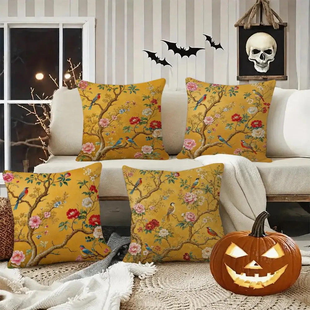 Chinese Floral Vintage Art Cushion Cover Halloween decoration trick or treat cushion cover, ghost, pumpkin head, bat decoration