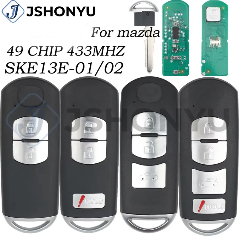 JsHonYu SKE13E-01 SKE13E-02 433MHz ID49 Chip Smart Proximity Remote Key for Mazda 3 6 CX-5 CX-3 MX-5 Axela Fob
