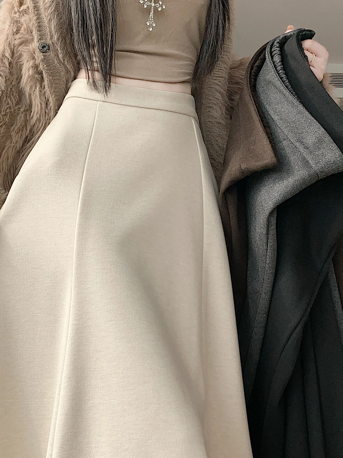 

Khaki Woolen High Waist A-Line Skirt Women's Spring Autumn New Sle Cover Hip f-length Umbrella Skirt Korean Sle Commute