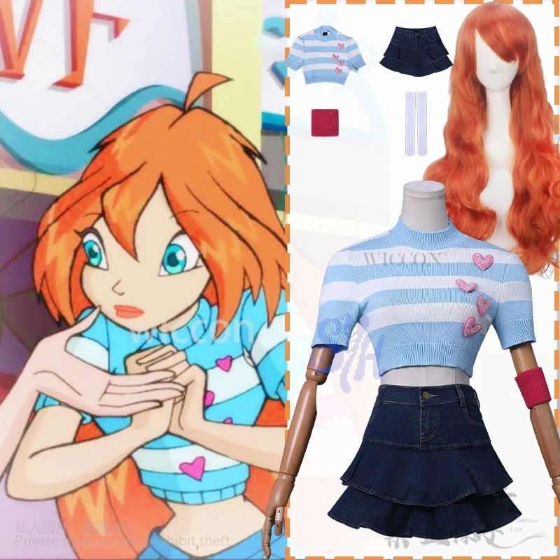 

Bloom Cosplay Win Clubb Anime Costume Jirai Kei Girls Retro Striped Knitted Heart Lovely Short Sleeve T-Shirt Mini Dress Cos