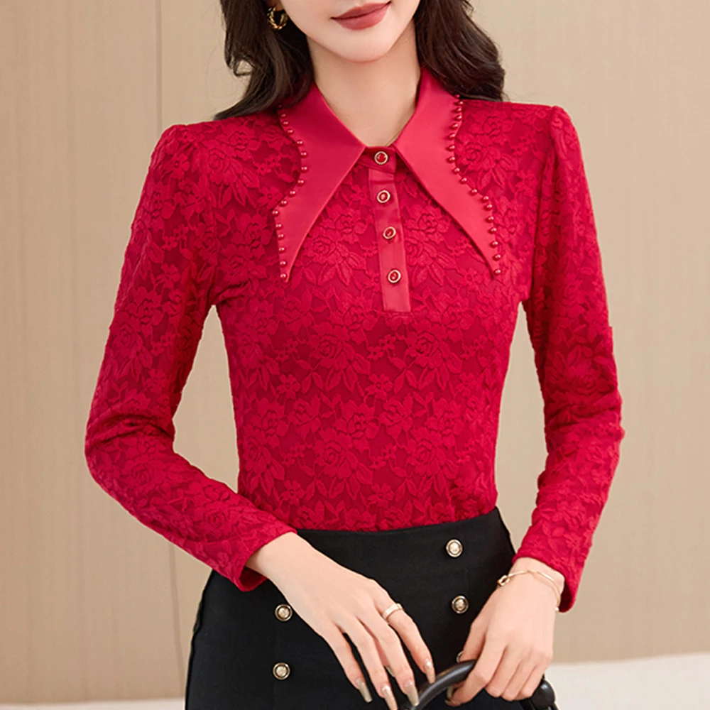 

Женская кружевная рубашка с длинными рукавами в корейском стиле на осень и зиму, новый модный легкий роскошный повседневный топ с длинными рукавами и лацканами