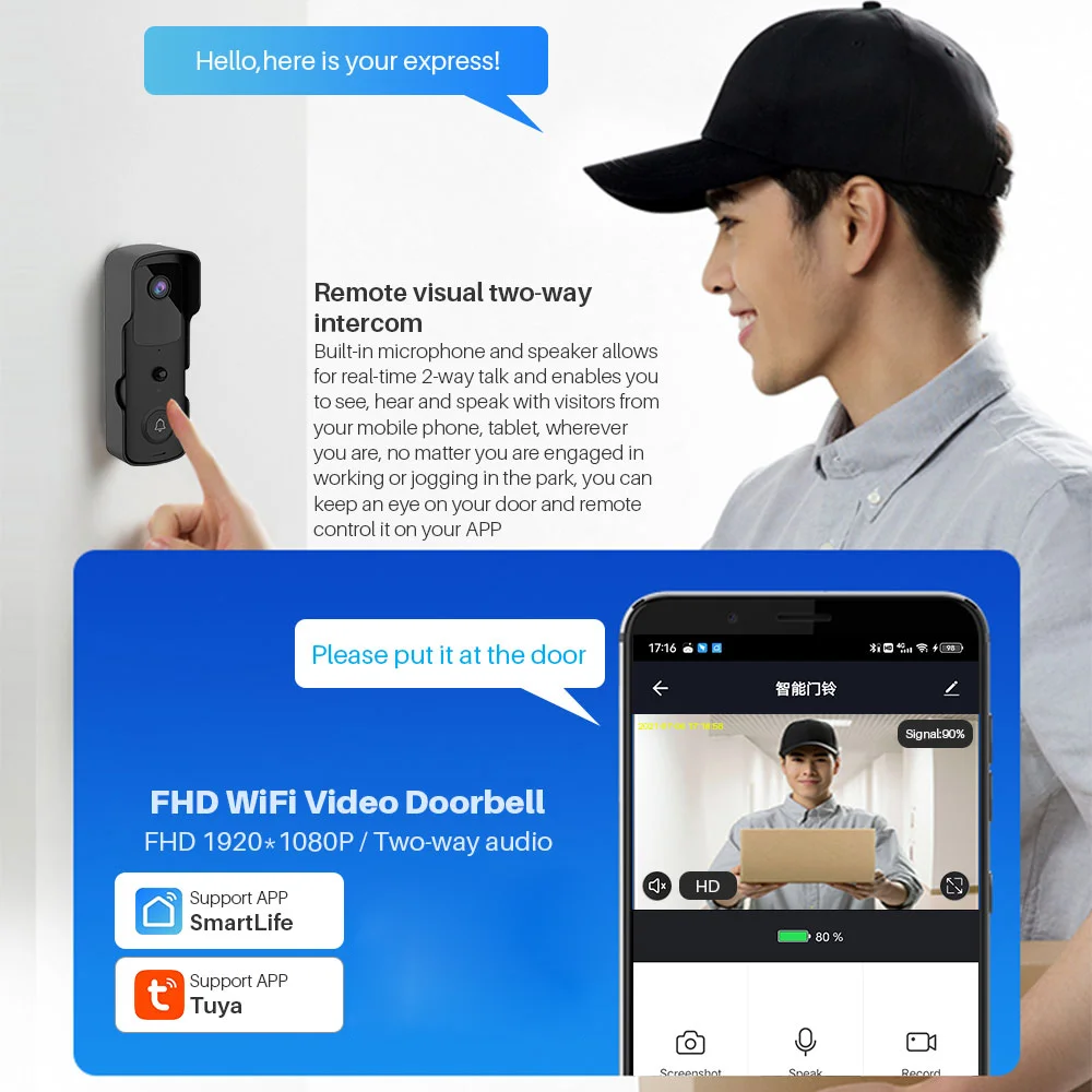 1080P Video Doorbell Camera Tuya Smart WiFi Video Doorbell Amason Alexa IP Camera Two-Way Audio Wireless Home Intercom Door Bell