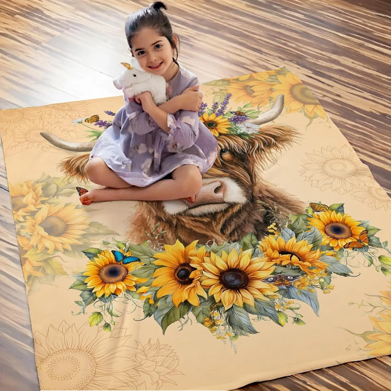 Girls Women Highland Cow Blanket, Sunflower Throw Blankets for Daughter Mom Sister Birthday 60x80 Inches Soft Comfy Throw for Sofa Couch Bed Office Trip