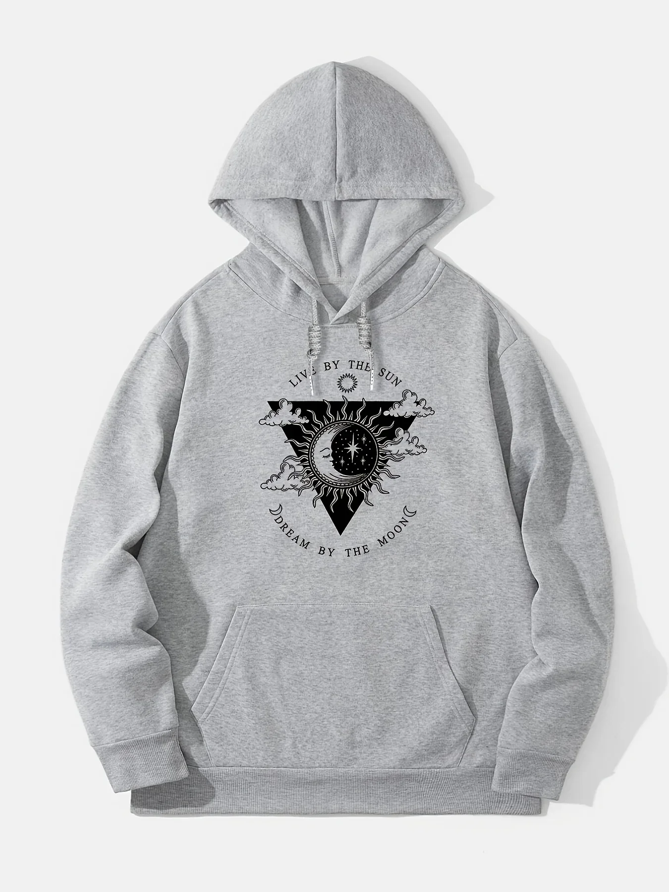 Men’s Gothic Occult Hoodie Sun Moon Triangle Mystical Graphic Chest Print Dark Streetwear Fleece Pullover Autumn Winter