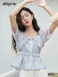 MISHOW French Sweet Waist Blouses for Women Summer Bow Lace-up O-Neck Cherry Embroidery Female Elegant Short Top MXC39X1267