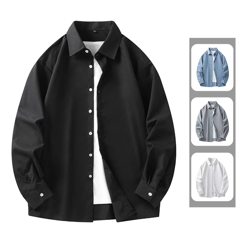 

Модная однотонная повседневная свободная мужская рубашка с длинными рукавами, простой классический воротник, верхняя одежда на весну и осень, универсальная трикотажная ткань