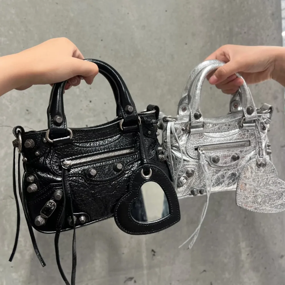 New Tote Motorcycle Bags Riveted Tassel Pleated Cowhide Single Shoulder Crossbody Women's Texture Unique Fashion Premium