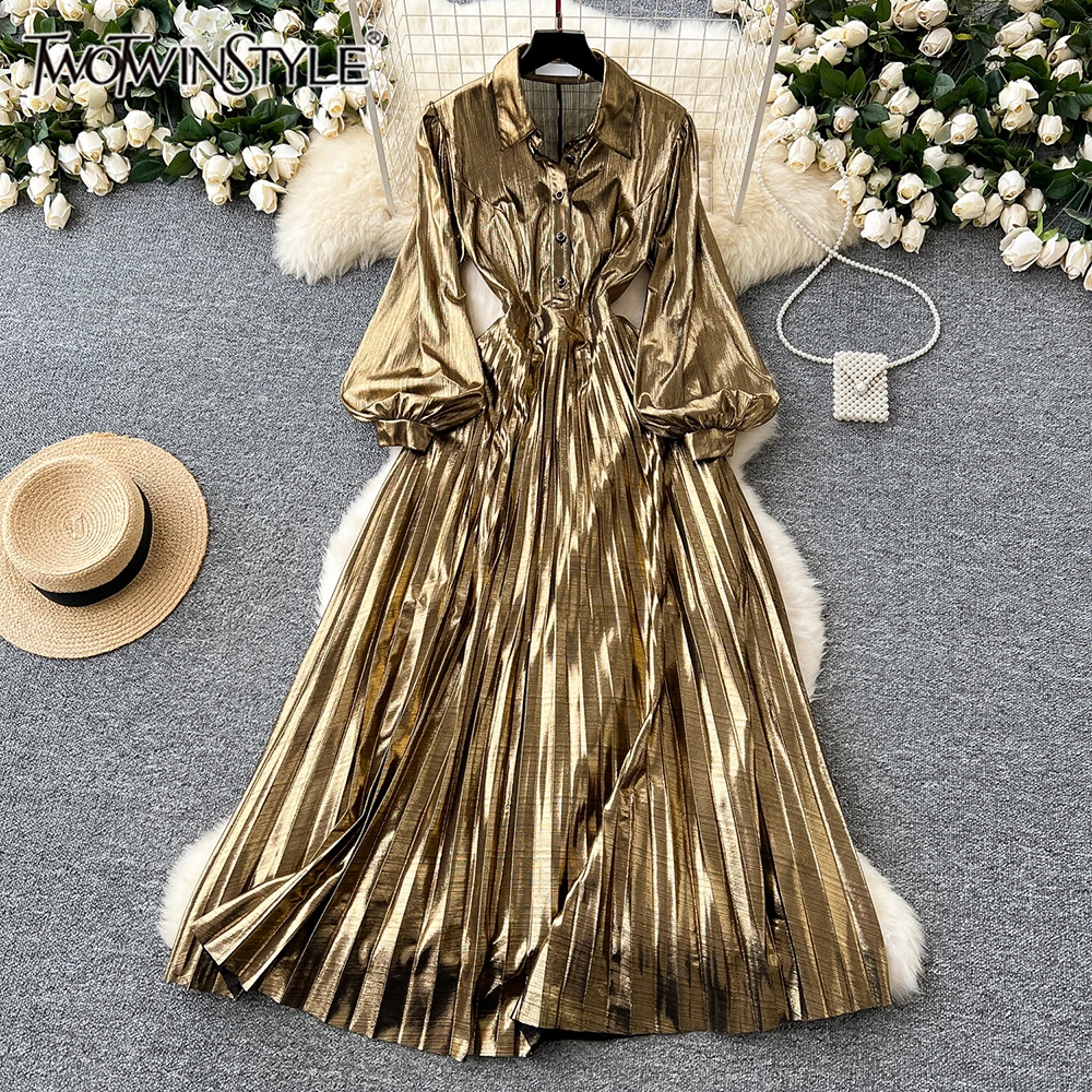 TWOTWINSTYLE Elegant Spliced Pleated Dress For Women Lapel Lantern Sleeve High Waist Temperament A Line Dresses Female KDR517661