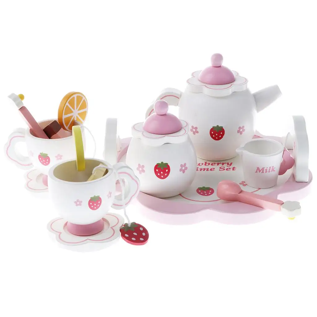 Pretend Play Wooden Tea Set, Include Kettle, Cups, Dishes, Cute Strawberry Painted, Non-, Toy, Development