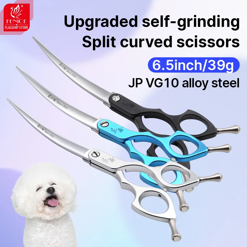 Fenice Upgraded 6.5 Inch VG10 Split Bright Blade Curved Scissors Pet Dog Grooming Shears High Quality Alloy Handle for grommers